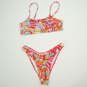 Retro Abstract Print Bikini Swimsuit Women's Size L